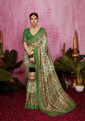 Green Abstract Print Silk Blend Saree Set