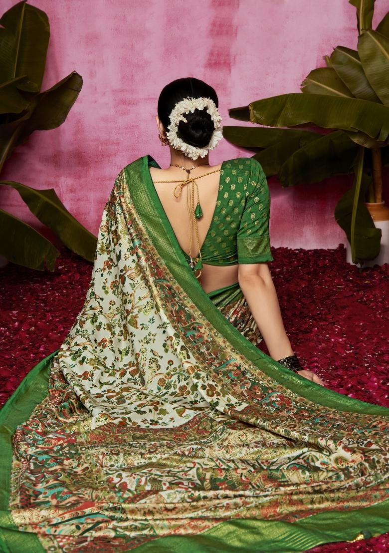 Green Abstract Print Silk Blend Saree Set