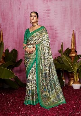 Teal Blue Abstract Print Silk Blend Saree Set