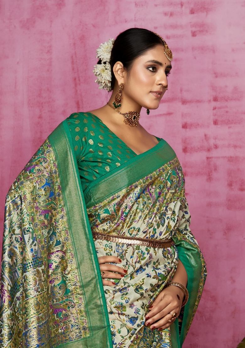 Teal Blue Abstract Print Silk Blend Saree Set