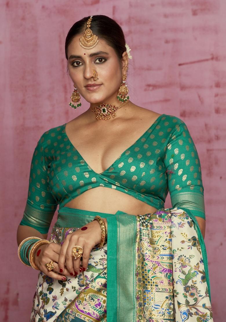 Teal Blue Abstract Print Silk Blend Saree Set