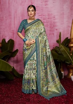 Aqua Blue Abstract Print Silk Blend Saree Set