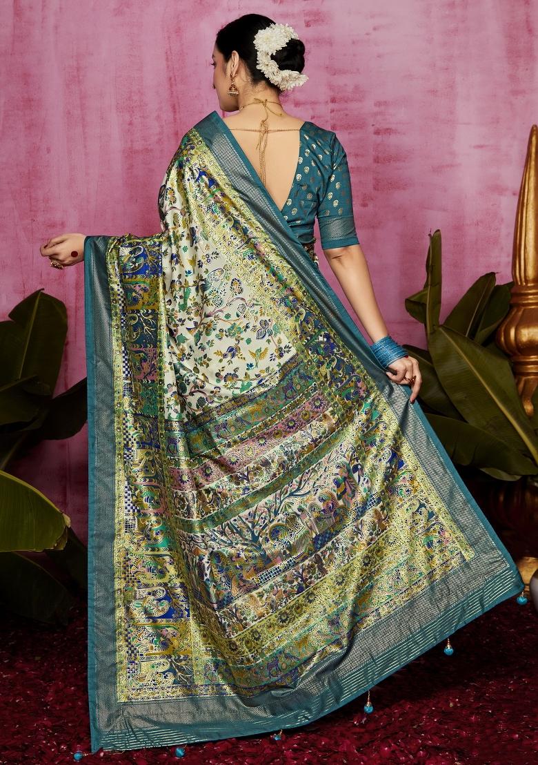 Aqua Blue Abstract Print Silk Blend Saree Set