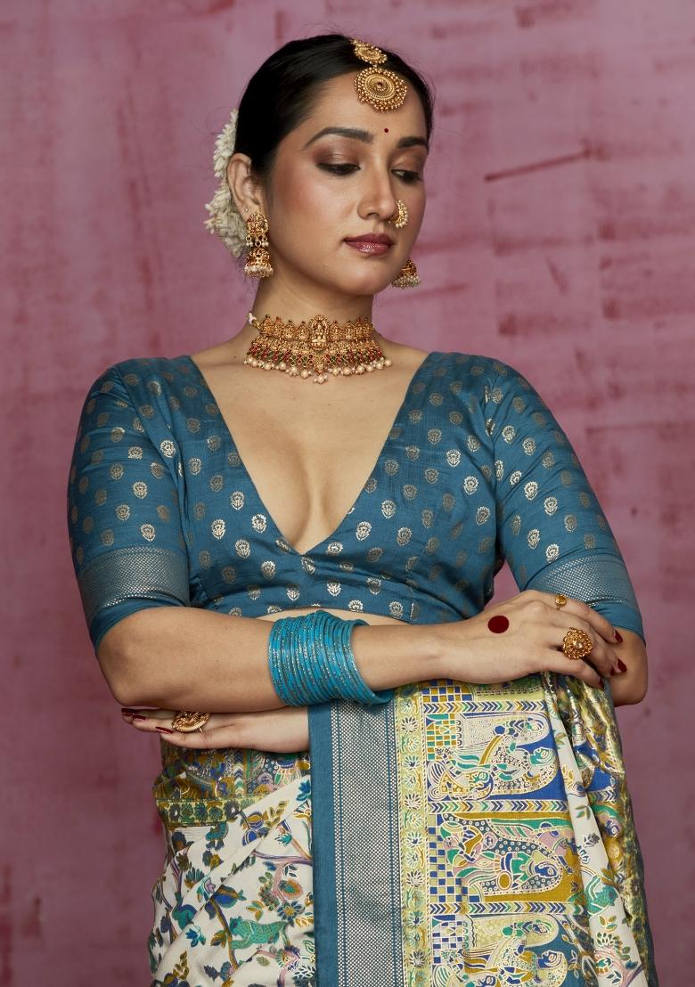 Aqua Blue Abstract Print Silk Blend Saree Set