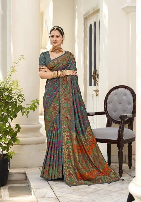 Green Abstract Print Silk Blend Saree Set
