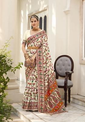 Off White Abstract Print Silk Blend Saree Set