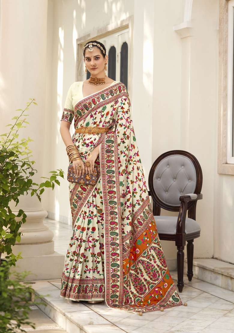 Off White Abstract Print Silk Blend Saree Set - Indya