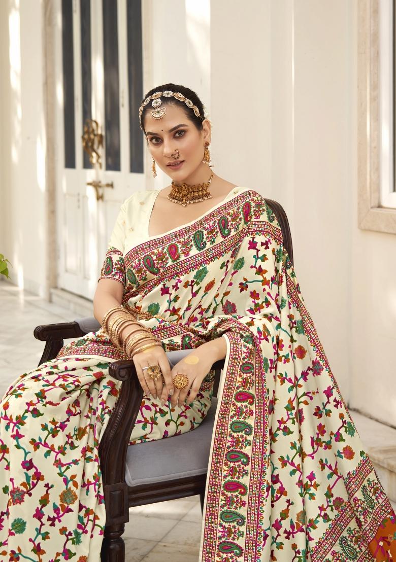 Off White Abstract Print Silk Blend Saree Set