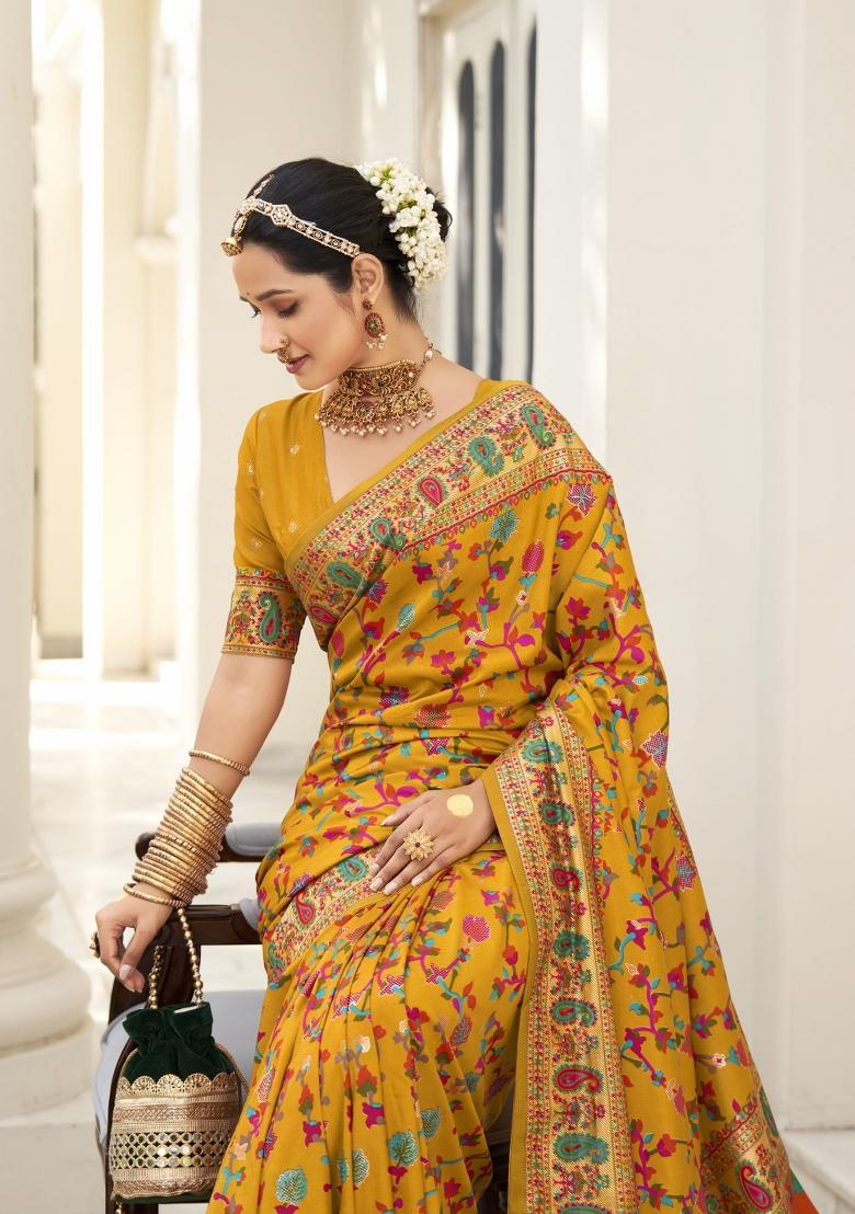 Orange Abstract Print Silk Blend Saree Set