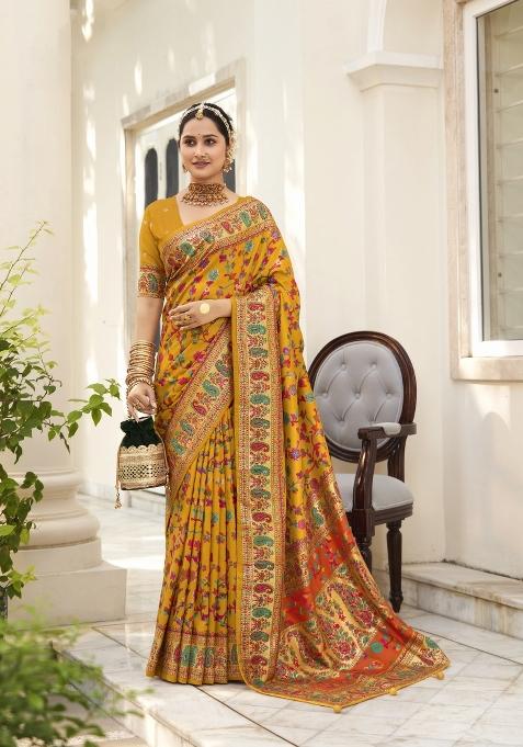 Orange Abstract Print Silk Blend Saree Set