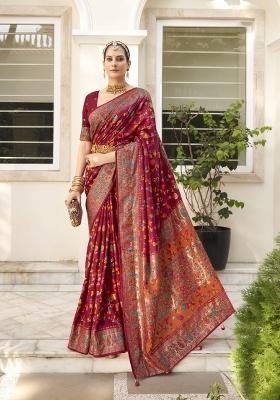 Burgundy Abstract Print Silk Blend Saree Set