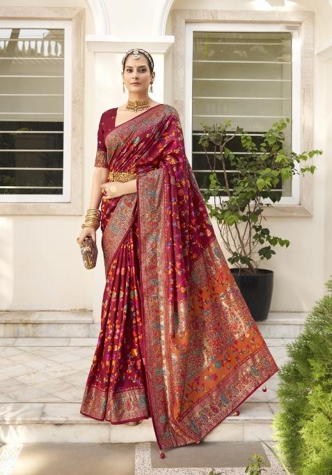 Burgundy Abstract Print Silk Blend Saree Set