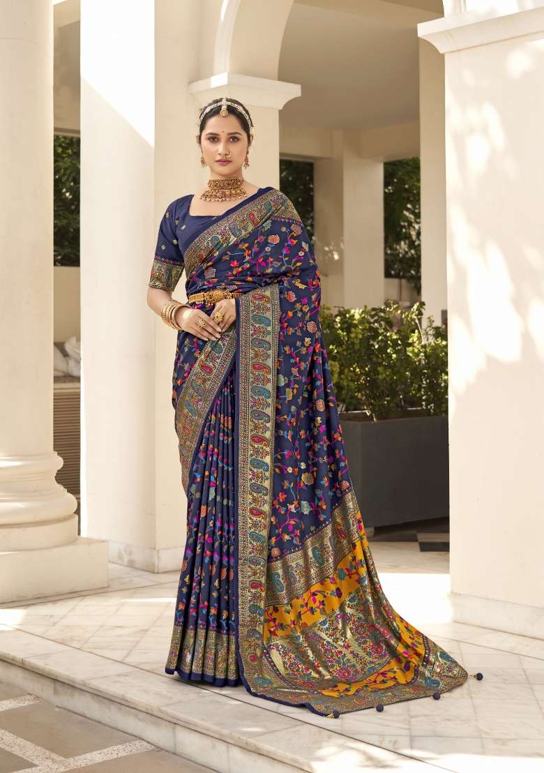 Dark Blue Abstract Print Silk Blend Saree Set - Indya