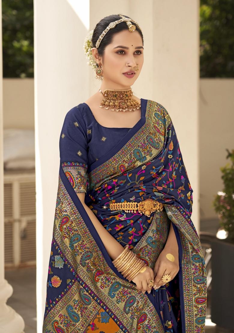 Dark Blue Abstract Print Silk Blend Saree Set