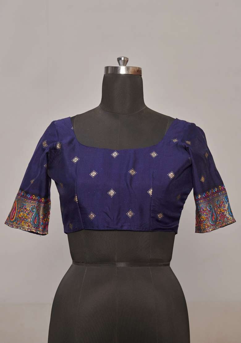 Dark Blue Abstract Print Silk Blend Saree Set - Indya