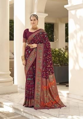 Maroon Abstract Print Silk Blend Saree Set