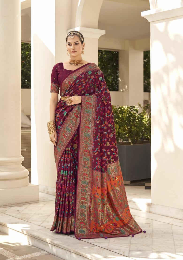 Maroon Abstract Print Silk Blend Saree Set