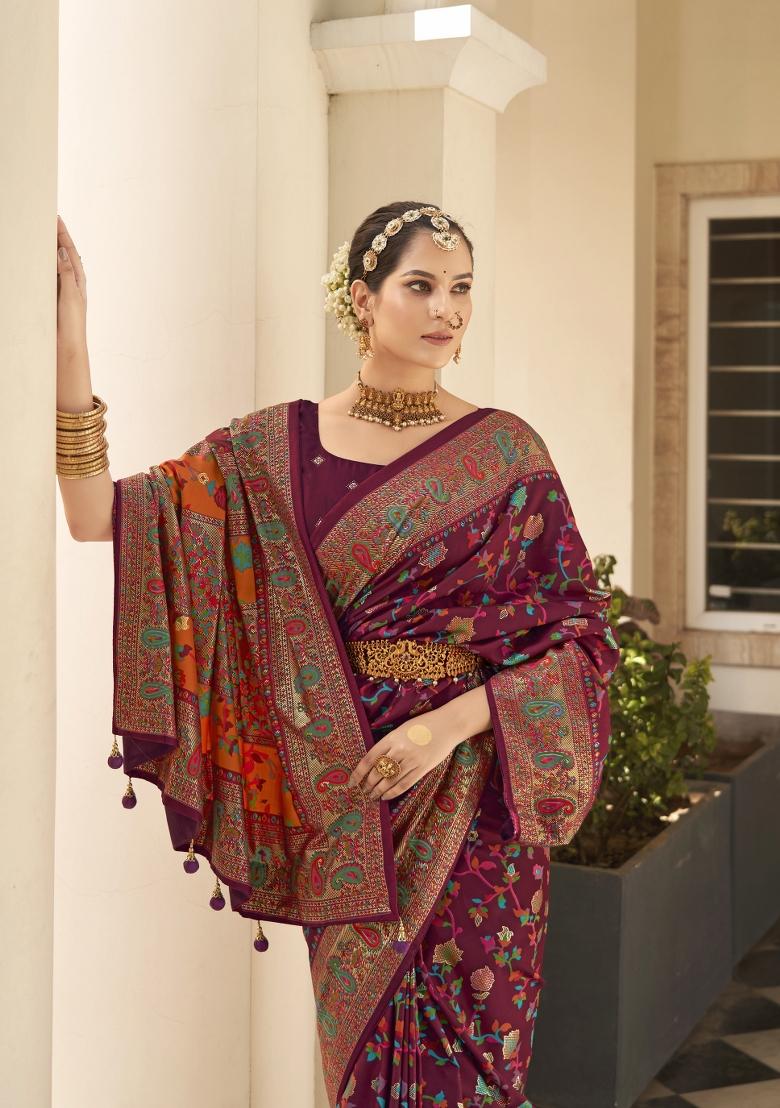 Maroon Abstract Print Silk Blend Saree Set