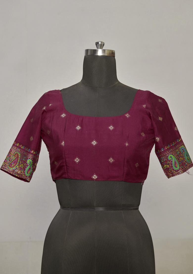 Maroon Abstract Print Silk Blend Saree Set