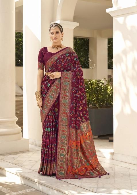 Maroon Abstract Print Silk Blend Saree Set