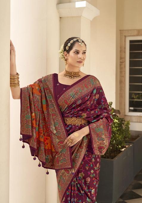 Maroon Abstract Print Silk Blend Saree Set