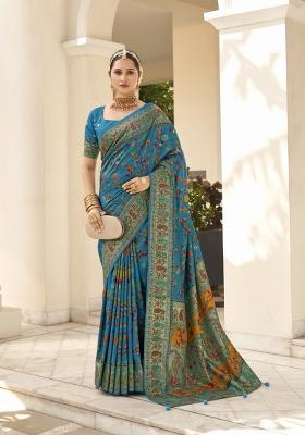 Teal Blue Abstract Print Silk Blend Saree Set