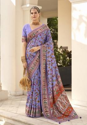 Lavender Abstract Print Silk Blend Saree Set