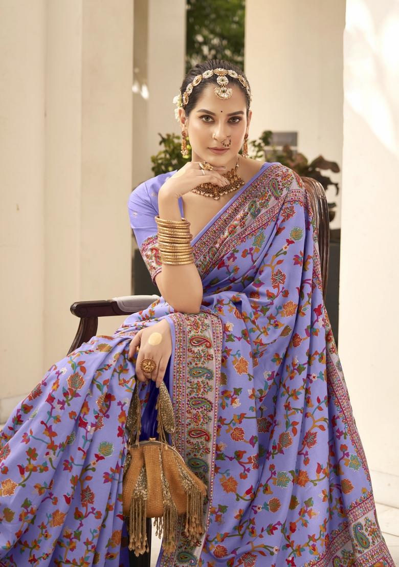 Lavender Abstract Print Silk Blend Saree Set