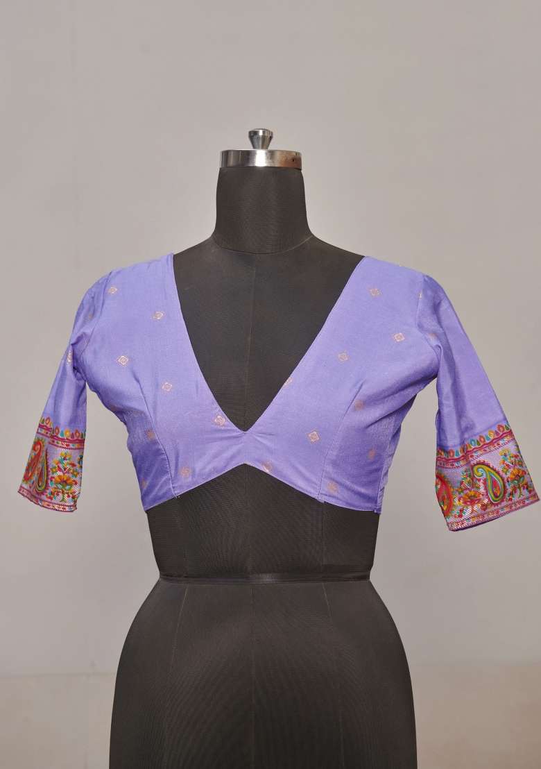Lavender Abstract Print Silk Blend Saree Set - Indya