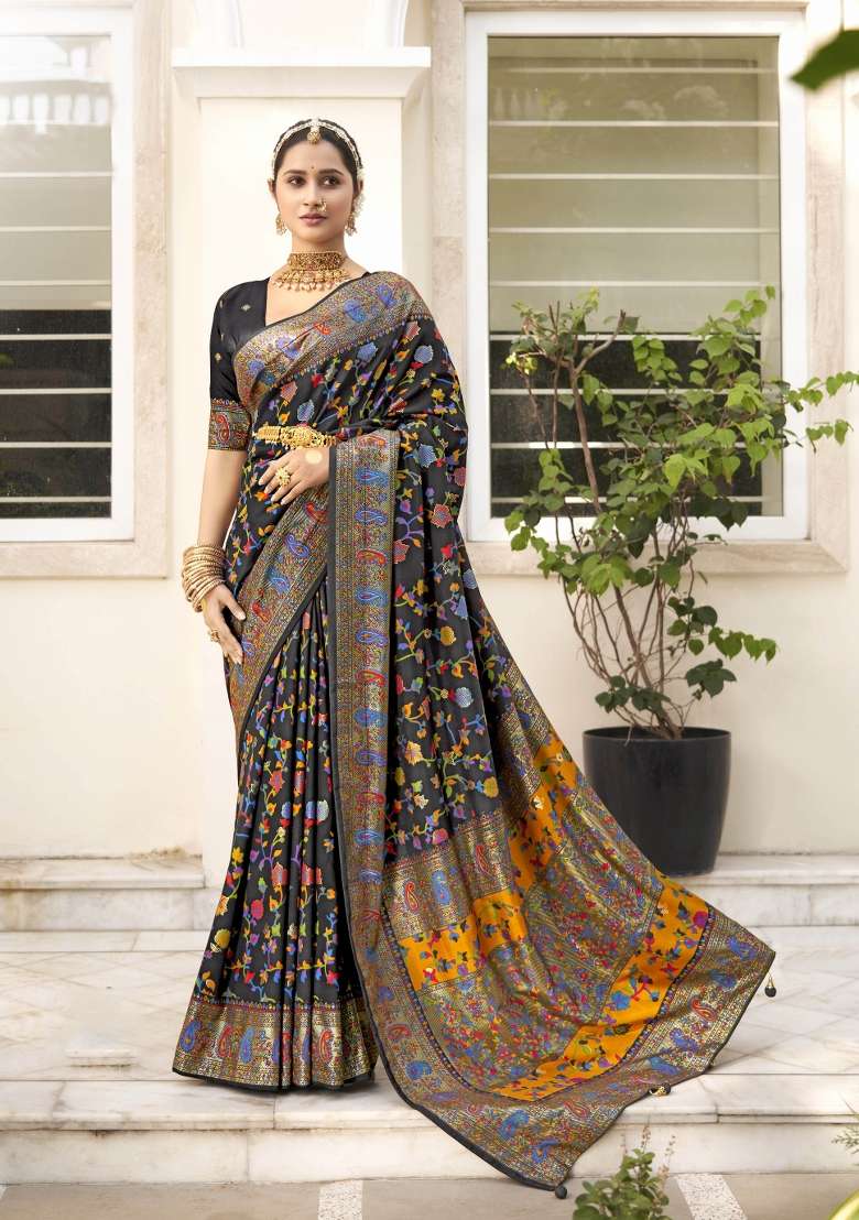 Black Abstract Print Silk Blend Saree Set - Indya
