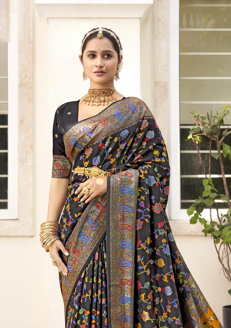 Black Abstract Print Silk Blend Saree Set