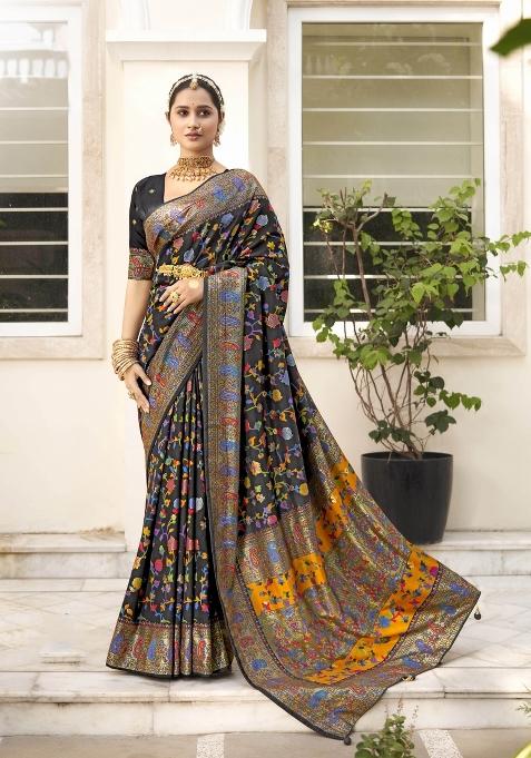 Black Abstract Print Silk Blend Saree Set