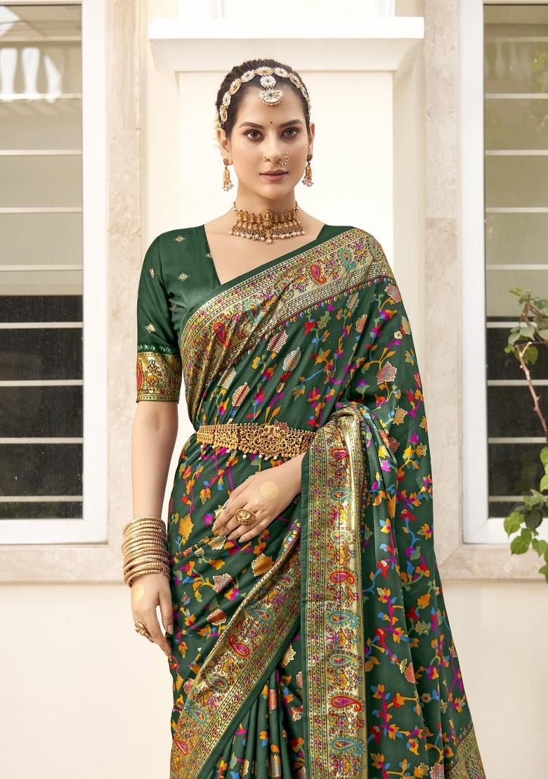 Green Abstract Print Silk Blend Saree Set