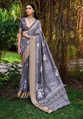 Grey Floral Print Silk Blend Saree Set