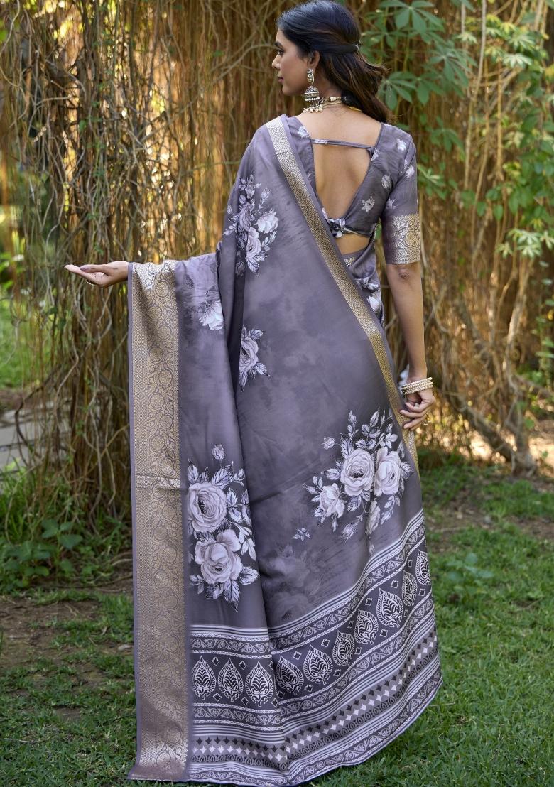 Grey Floral Print Silk Blend Saree Set