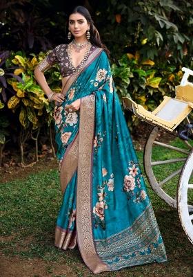 Grey Floral Print Silk Blend Saree Set
