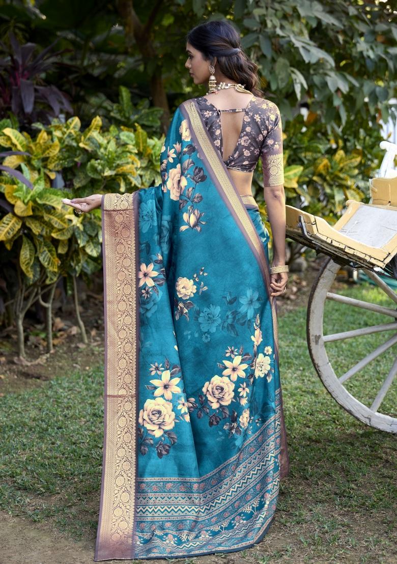 Grey Floral Print Silk Blend Saree Set