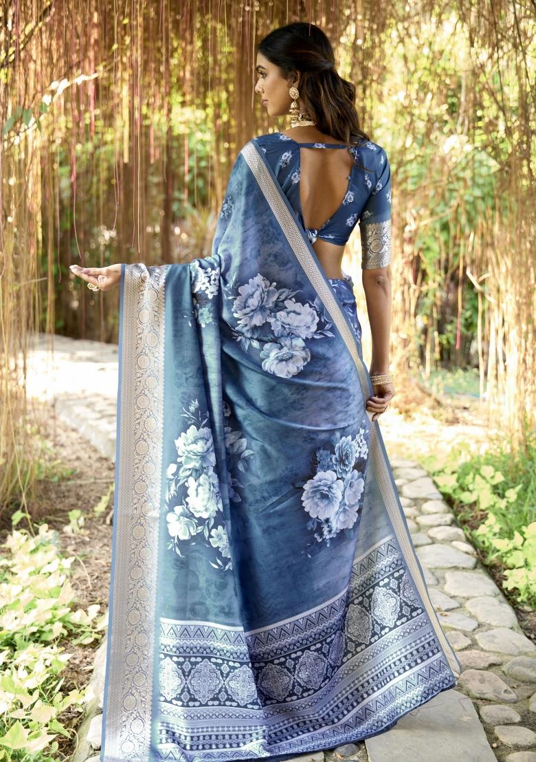 Teal Blue Floral Print Silk Blend Saree Set