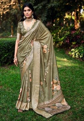 Brown Floral Print Silk Blend Saree Set