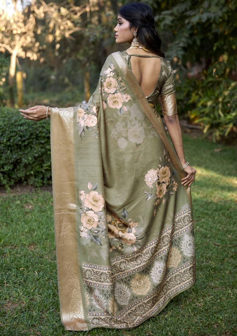 Brown Floral Print Silk Blend Saree Set