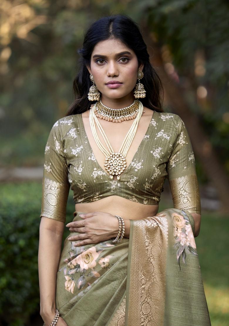 Brown Floral Print Silk Blend Saree Set