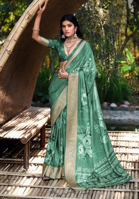 Green Floral Print Silk Blend Saree Set