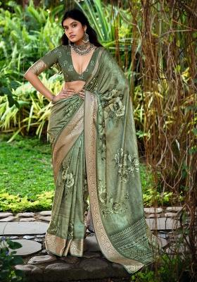 Green Floral Print Silk Blend Saree Set
