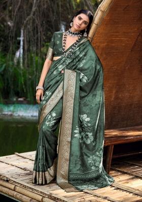 Green Floral Print Silk Blend Saree Set