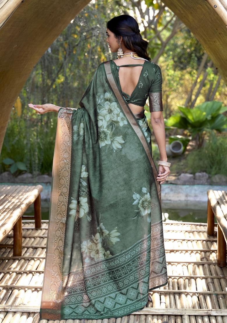 Green Floral Print Silk Blend Saree Set
