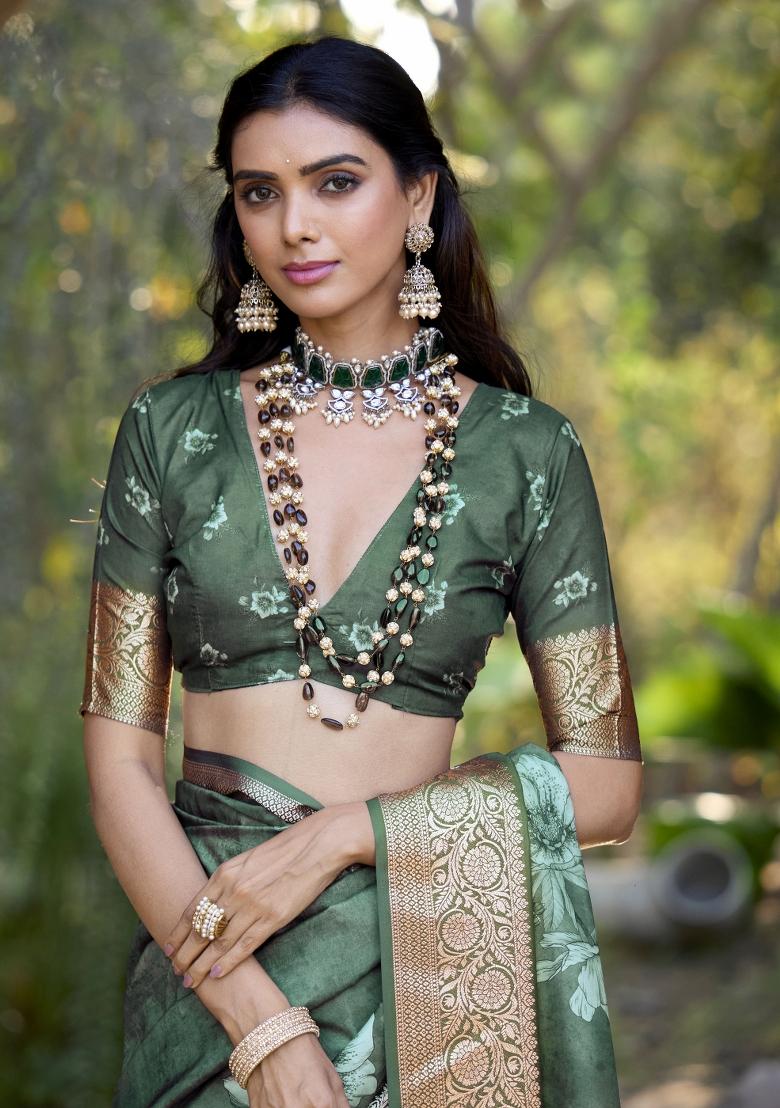 Green Floral Print Silk Blend Saree Set