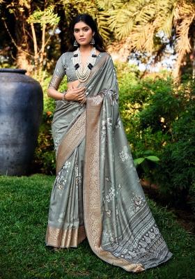 Grey Floral Print Silk Blend Saree Set