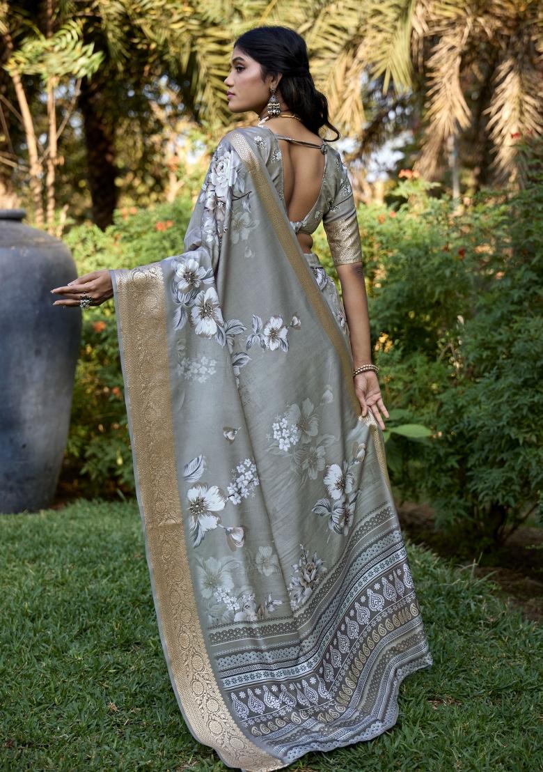 Grey Floral Print Silk Blend Saree Set
