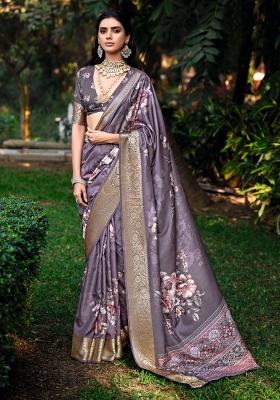 Purple Floral Print Silk Blend Saree Set