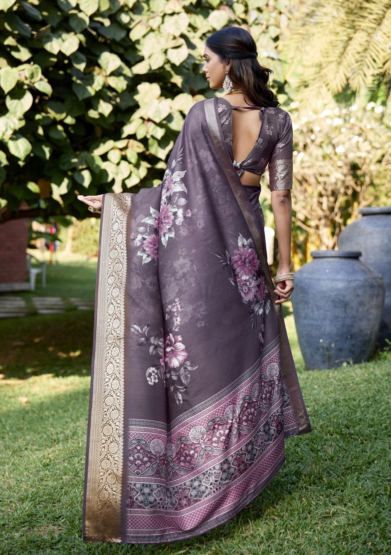 Purple Floral Print Silk Blend Saree Set